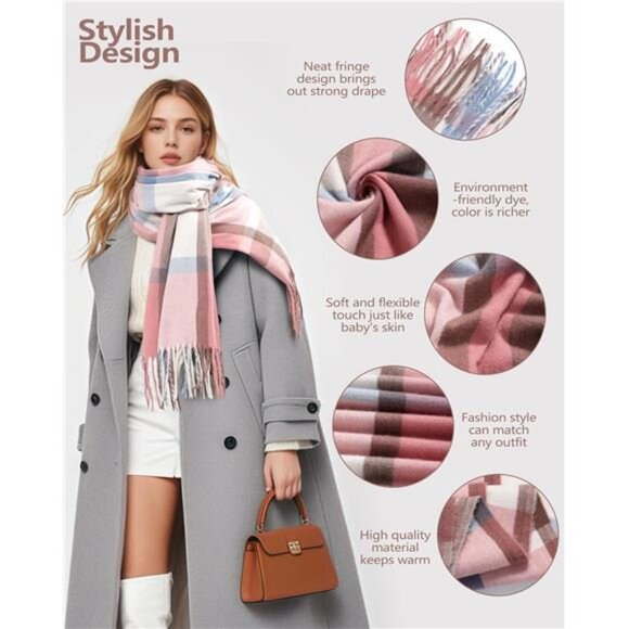 Womens plaid cashmere scarf warm winter blanket shawl soft cozy long wrap - Picture 3 of 7